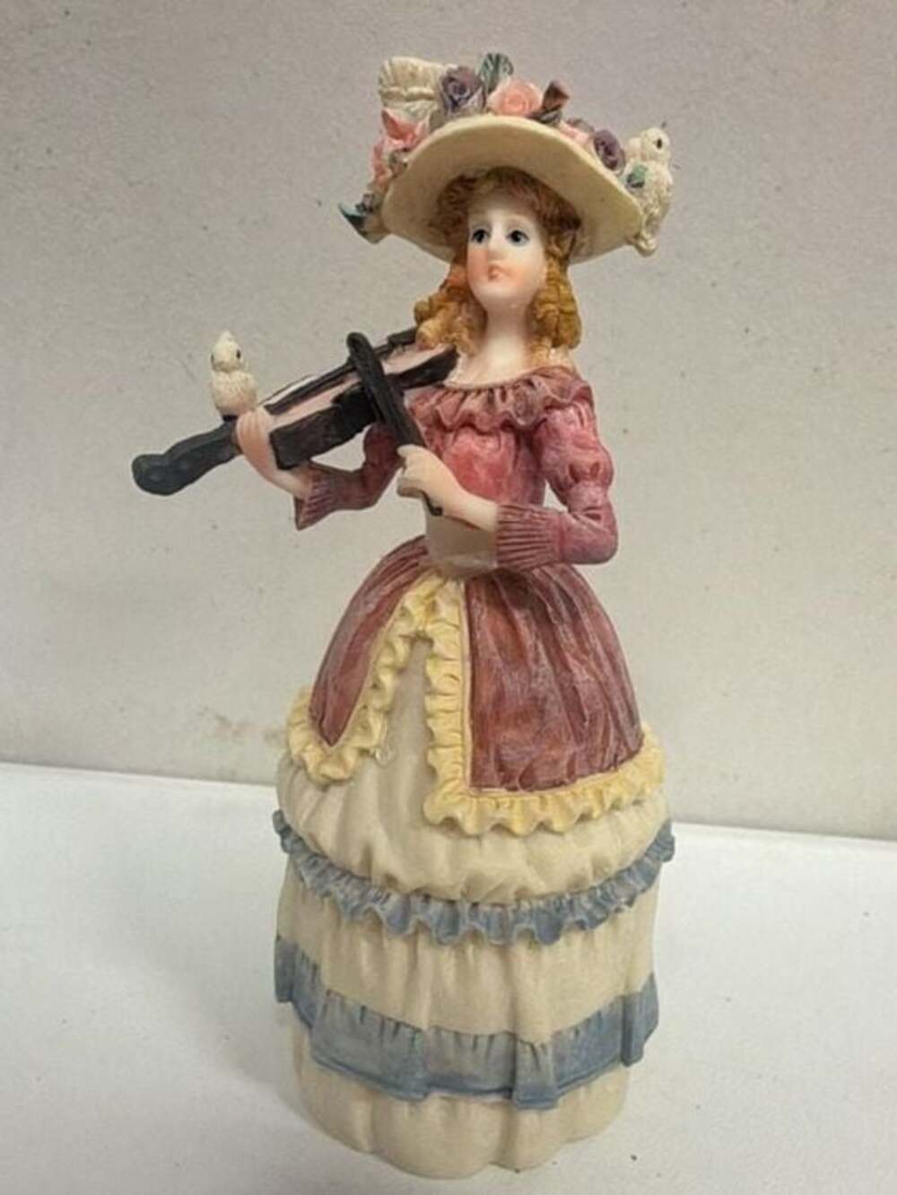 Vintage Hand Painted Victorian Young Lady Resin Figurine Playing Violin